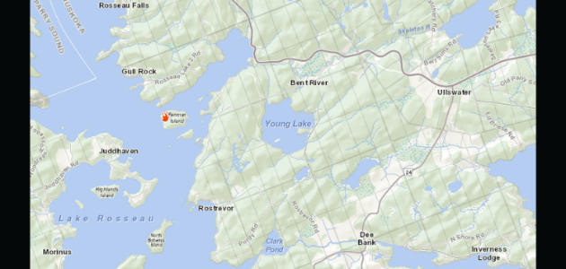 Forest fire on Penman Island in Lake Rosseau